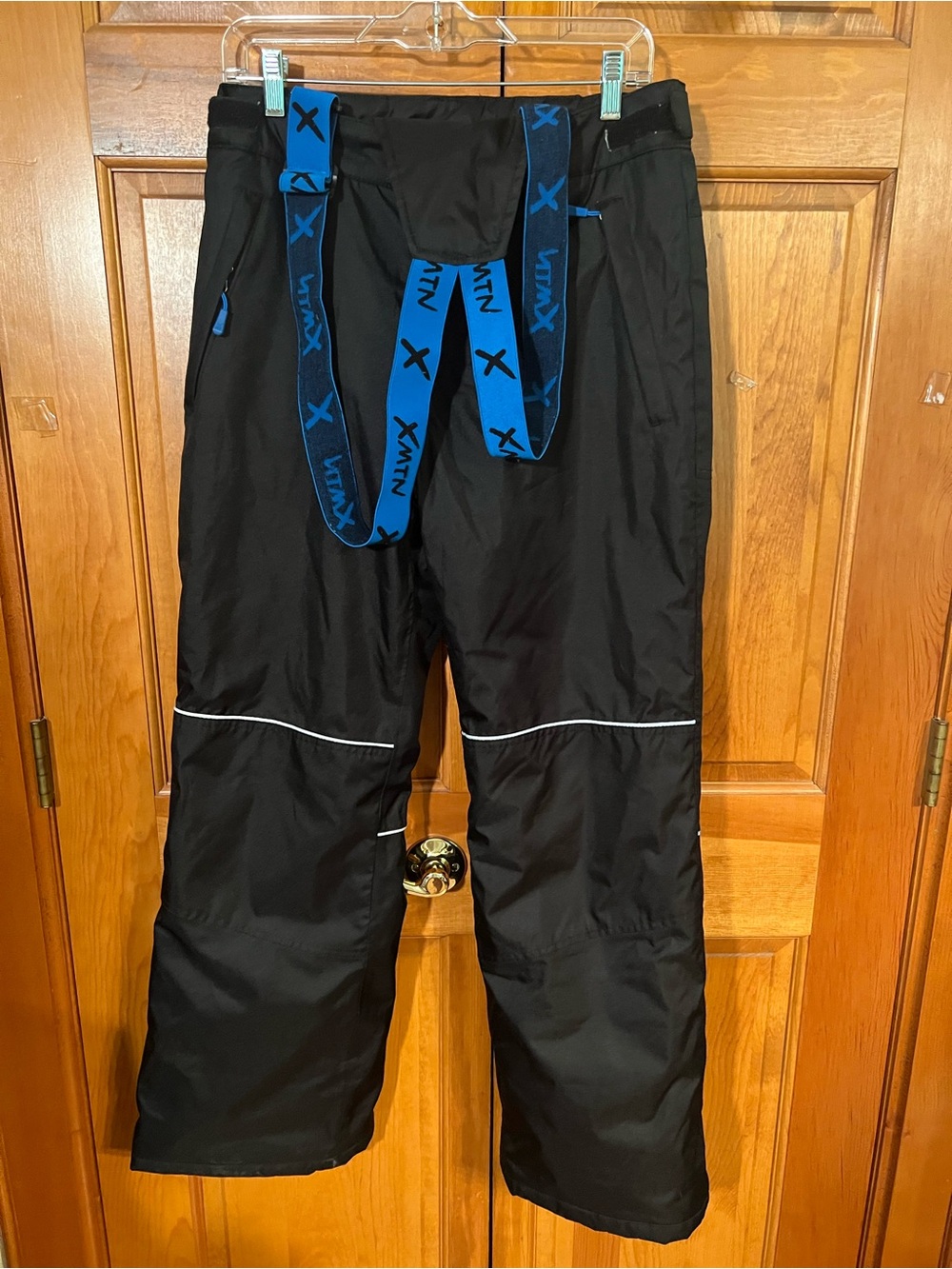 Men's Black Ski Pants with Blue X-Pattern Suspenders